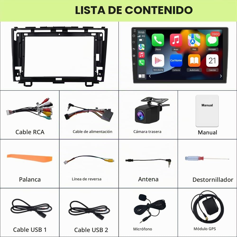 Estéreo para Coche Pyniro Negro con Pantalla 9" y CarPlay para Honda CRV 2007-2011 Android 13