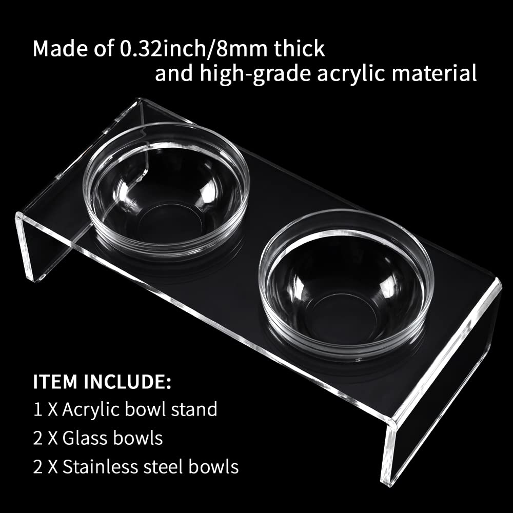 Cuencos elevados de acrílico para perros y gatos, comedero para mascotas, soporte elevado doble viene con 2 cuencos de vidrio extraíbles y 2 cuencos de acero inoxidable. Perfecto para gatos, cachorros y perros pequeños