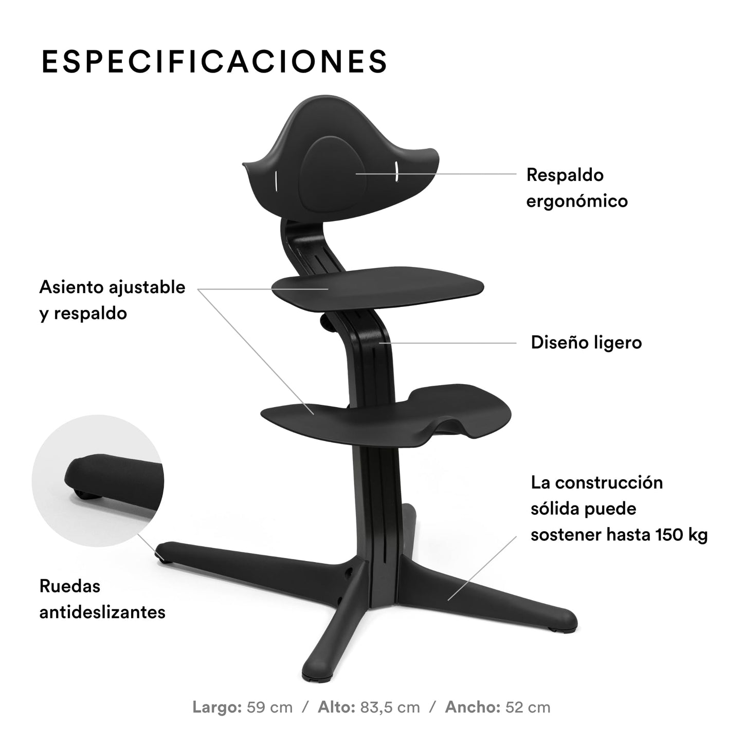 Silla Stokke Nomi - La silla que inspira a sentarse de forma activa - Sin herramientas, ajuste fácil - Incluye un reposapiés estable y ruedas antivuelco - Soporta hasta 150 kg (Negro)