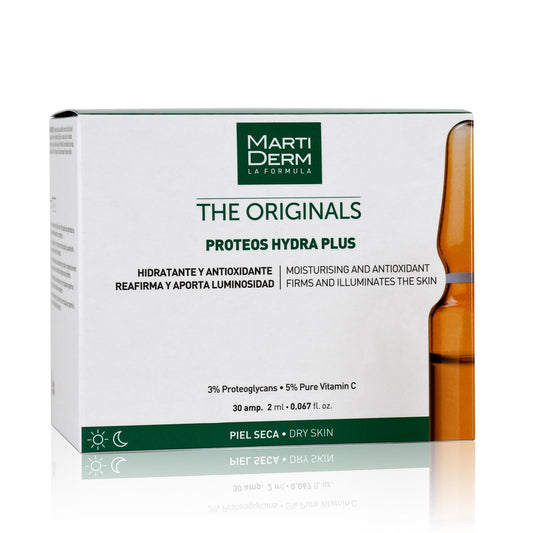 MartiDerm Proteos Hydra Plus Ampolletas faciales hidratantes y antioxidantes. Vitamina C Pura + Proteoglicanos. Reafirman y aportan luminosidad. Piel seca - 30 ampolletas