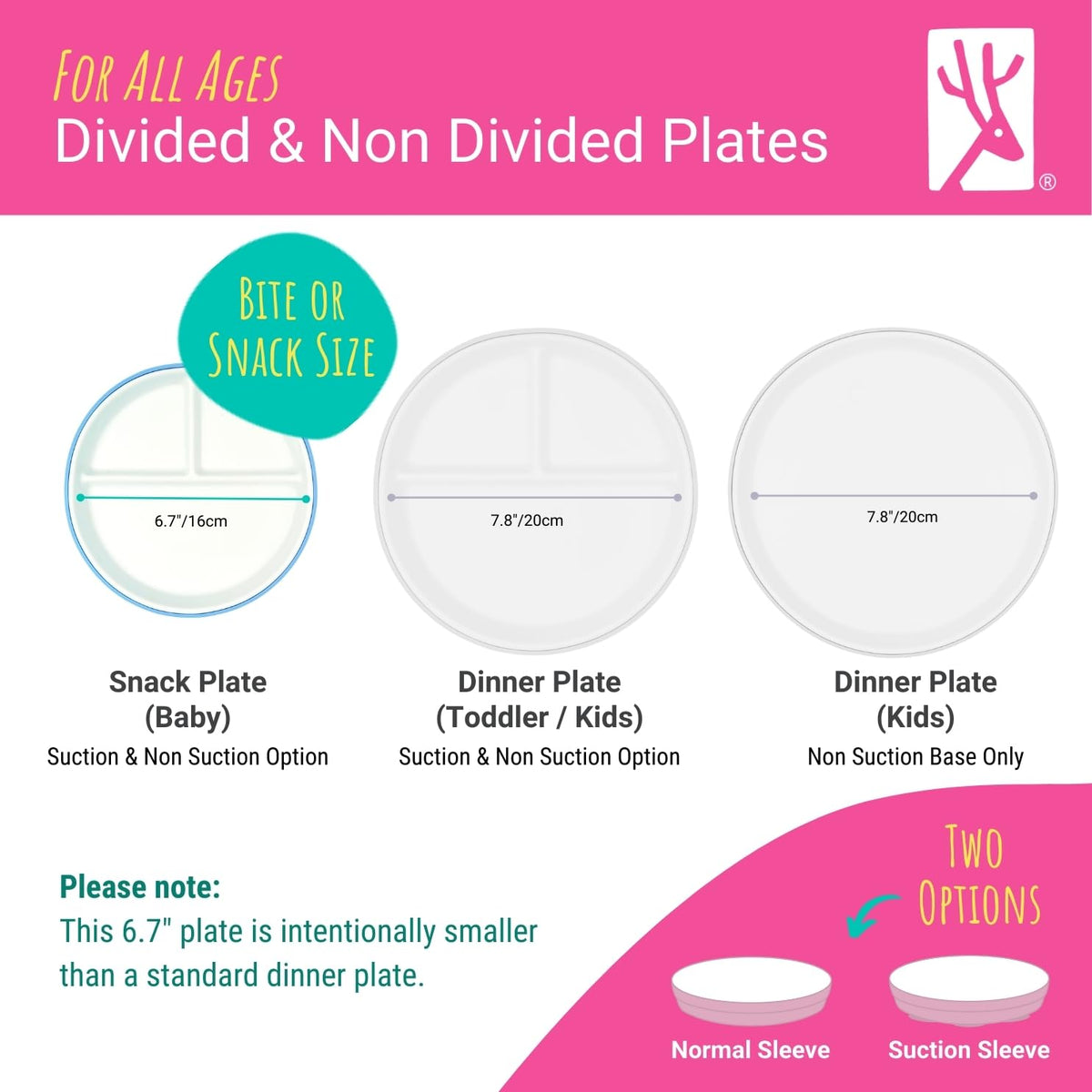 Elk and Friends Kids - Platos divididos de porcelana de 6.7 pulgadas con mangas de silicona, adecuados para bebés/niños/niños pequeños, aptos para microondas y lavaplatos, antideslizantes, platos de