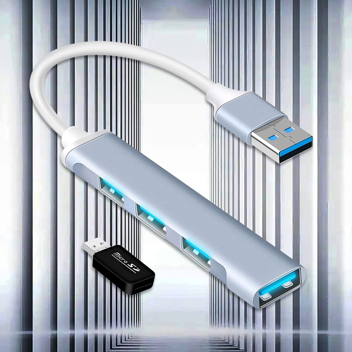 Hub USB Multipuerto, 4 en 1 Velocidad Ultra Alta Hub de Aluminio con Puertos USB 3.0, para Laptop o Cualquier Otro Sistema Operativo(USB Extension*1+Lector de Tarjetas USB*1)