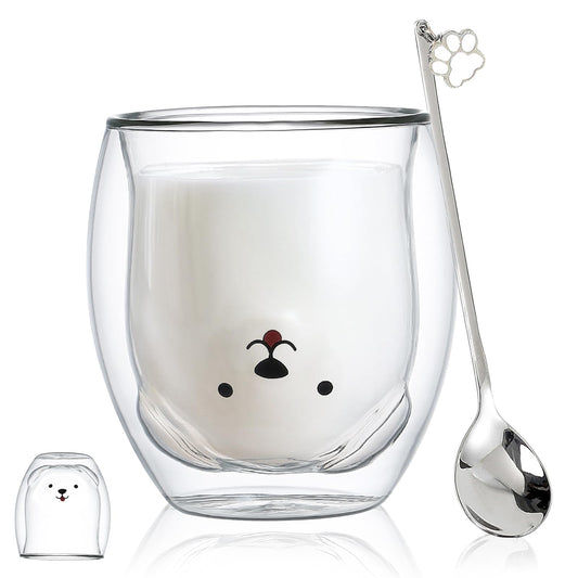 Binoster - Taza con aislamiento de doble pared de vidrio, taza de café, taza de té, taza de leche, regalo para oficina, cumpleaños, uso personal, de Navidad (perro feliz)