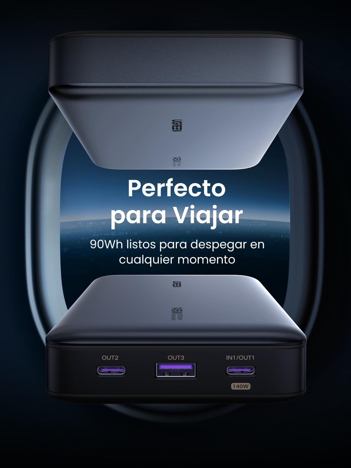Cargador Portátil UGREEN 145W Negro con Pantalla Digital y 3 Puertos para iPhone Xiaomi Galaxy
