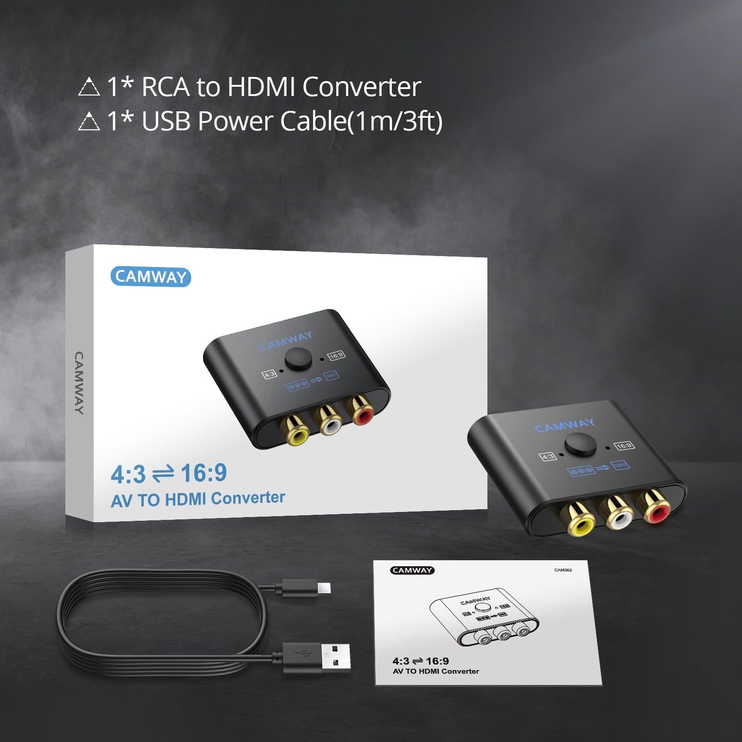 Camway - Convertidor RCA a HDMI - Convertidor de video AV a HDMI 1080P 16:9/4:3 conversión mini compuesto CVBS audio video adaptador compatible con PAL, NTSC para Wii, PS1, PS2, N64, X-Box, VHS, VCR