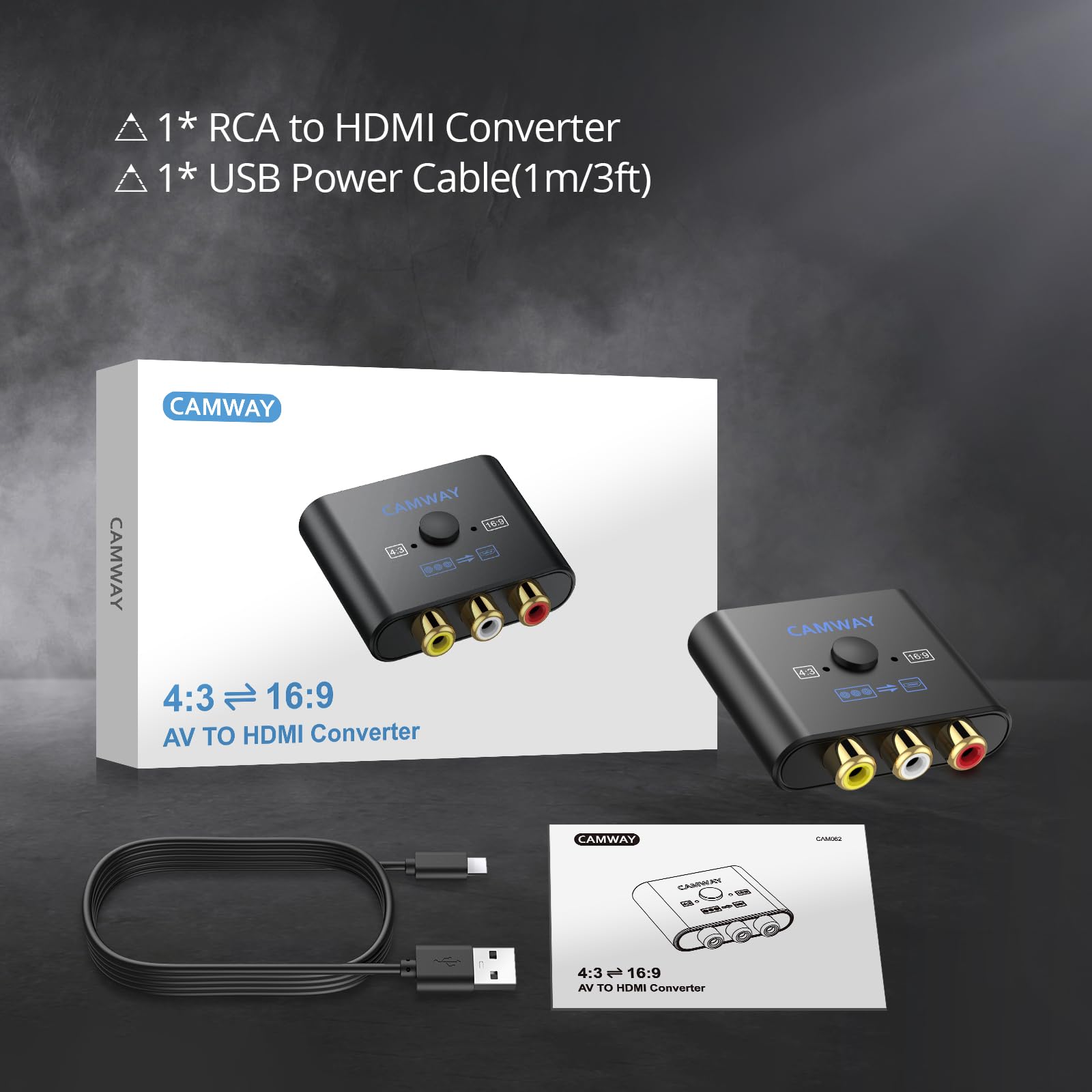 Camway - Convertidor RCA a HDMI - Convertidor de video AV a HDMI 1080P 16:9/4:3 conversión mini compuesto CVBS audio video adaptador compatible con PAL, NTSC para Wii, PS1, PS2, N64, X-Box, VHS, VCR