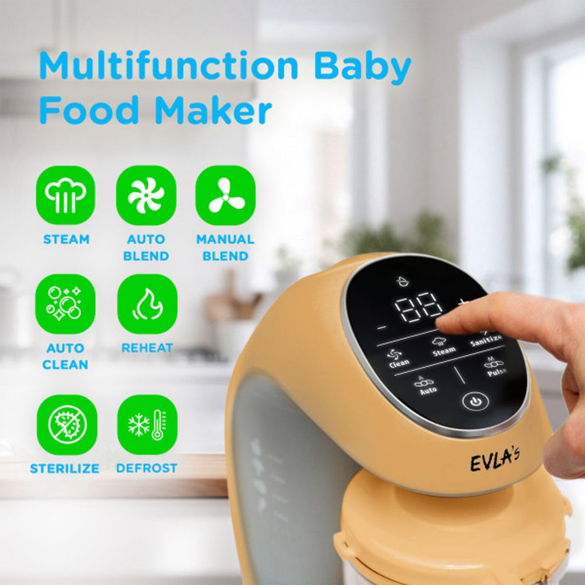 EVLA'S - Fabricante de alimentos para bebés, comida casera saludable para bebés en minutos, vaporizador, licuadora, procesador de alimentos para bebés, control de visualización táctil, incluye 6