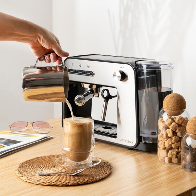 Máquina de Café Espresso Mixpresso Plata con Espumador de Leche para el Hogar