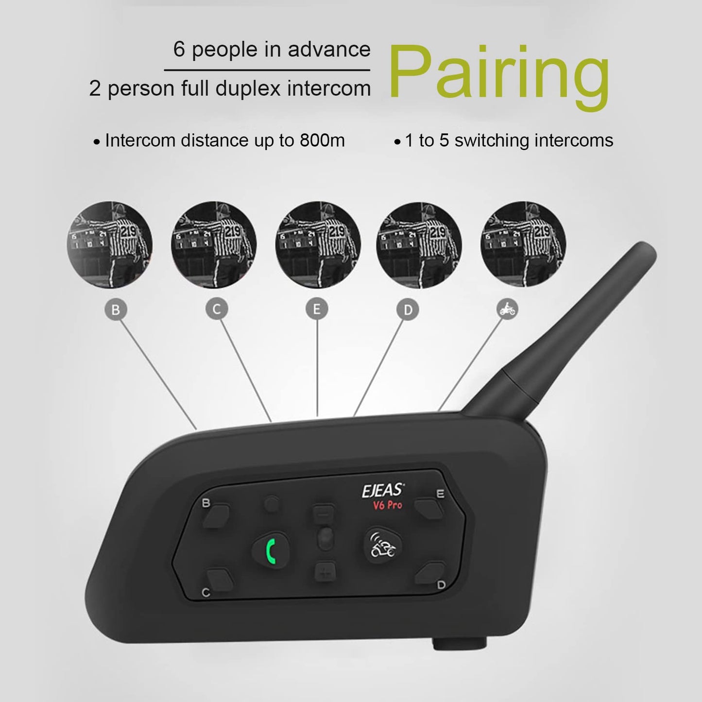 EJEAS V6c1 - walkie - talkie Bluetooth del árbitro, sistema de comunicación de auriculares Bluetooth del árbitro profesional de fútbol, distancia de walkie - talkie 1200m, reducción de ruido esp, batería 850mah, con reposabrazos 1 paquete