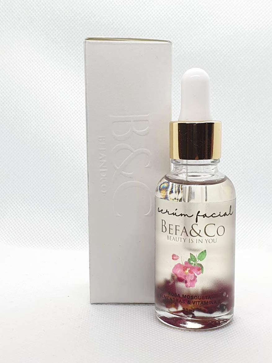 Suero facial + rosa mosqueta + vitamina e + almendras + ingredientes naturales + hidratante + rápida absorción + paraben free + primer + suaviza tu piel + textura terciopelo
