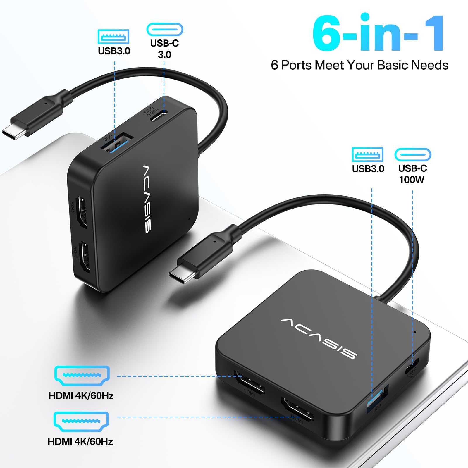 Estación de Acoplamiento ACASIS HDMI Dual con Carga PD de 100 W Puertos Datos USB-C y USB-A 5 Gbps para Dell XPS HP Lenovo Surface Yoga