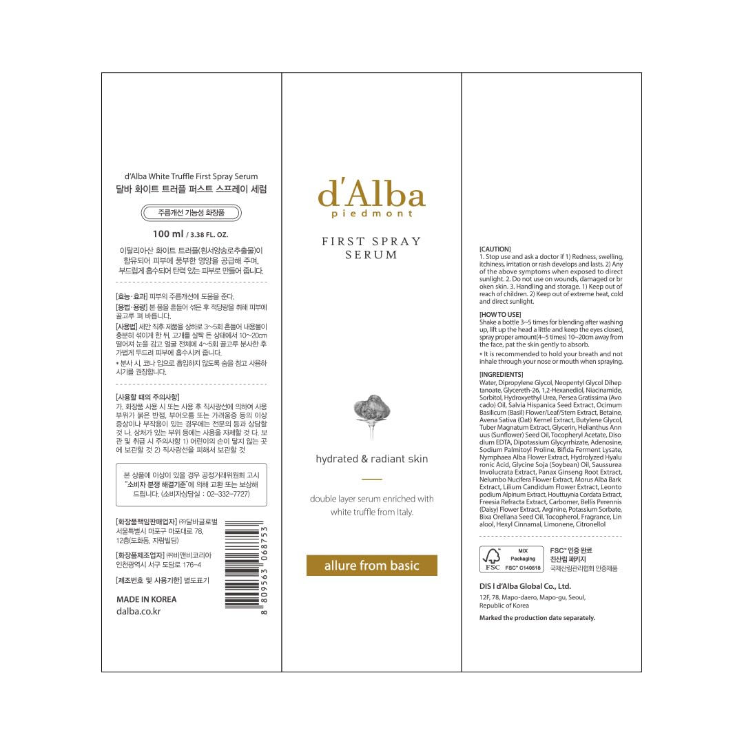 d'alba Piedmont Leopard Outdoor Products d'Alba Italian White Truffle First Spray Serum, Vegan Skincare, Hydrating Facial Mist with White Truffles, Glow Serum for Radiant Skin, All in One Care, 3.38 Fl Oz