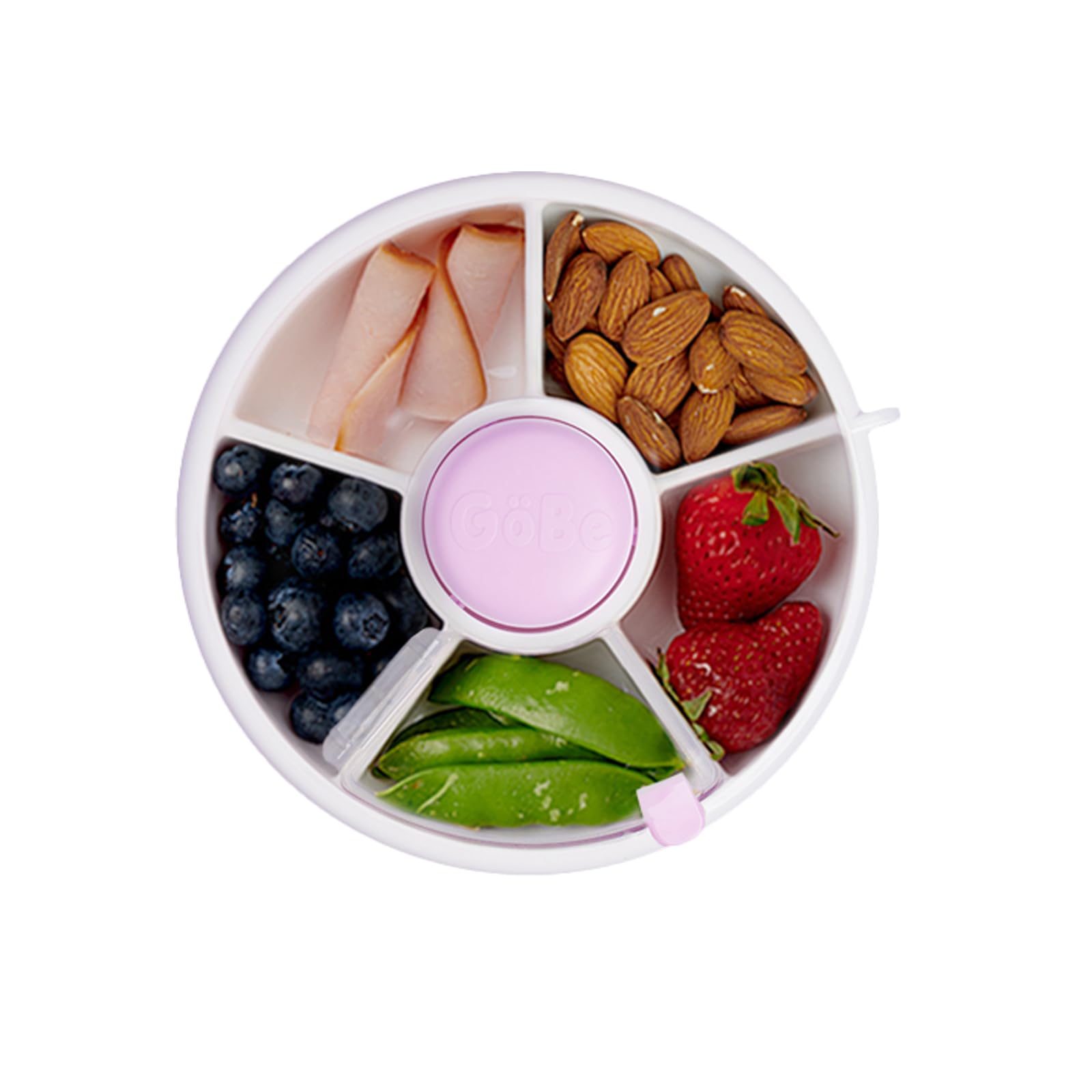 GoBe Kids - Paquete giratorio de aperitivos con correa de mano y hoja de calcomanía, dispensador de 5 compartimentos y tapa, sin BPA y PVC, apto para lavaplatos, sin derrames, a prueba de fugas