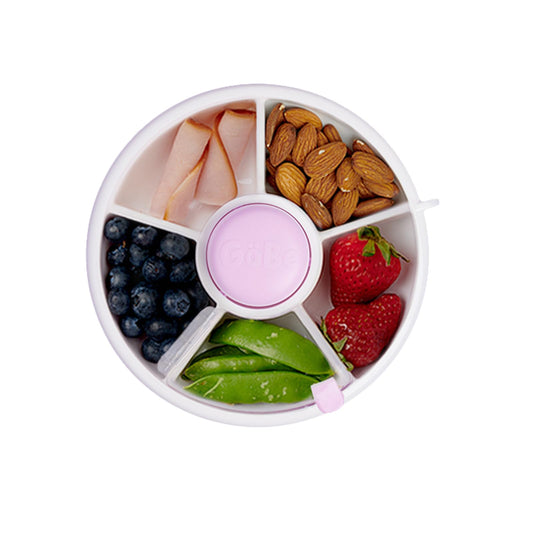 GoBe Kids - Paquete giratorio de aperitivos con correa de mano y hoja de calcomanía, dispensador de 5 compartimentos y tapa, sin BPA y PVC, apto para lavaplatos, sin derrames, a prueba de fugas