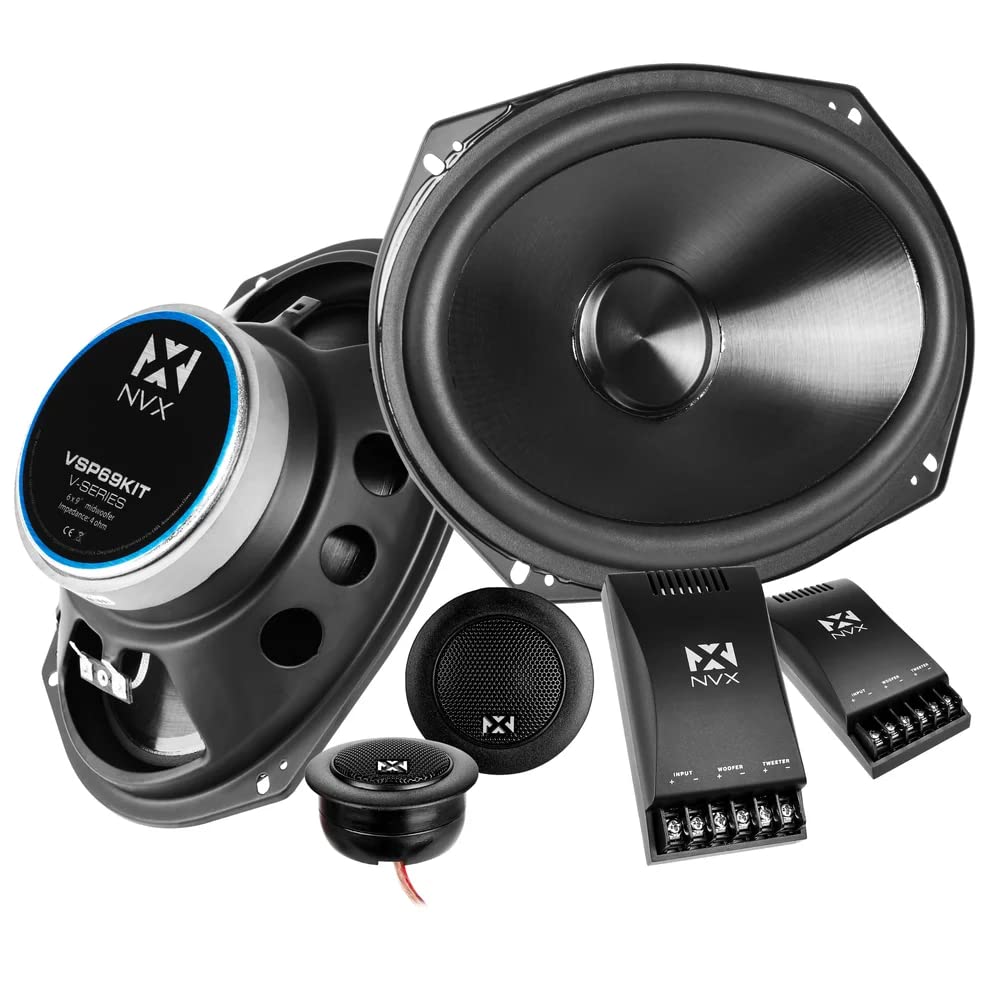 NVX® VSP69KIT Bocinas de coche premium de 6x9, 900W máx, 300W RMS, sistema de 2 vías con componente con tweeters de cúpula de seda de 1 pulgada y cruces pasivos, fáciles de instalar en autos/camiones