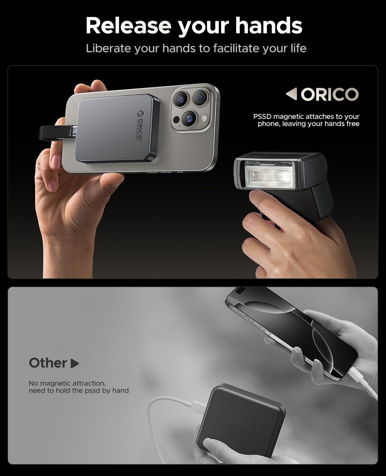 Unidad Externa SSD ORICO 512 GB Aluminio Resistente con Carga PD100W y 1000MB/s USB 3.2 para iPhone y Portátiles