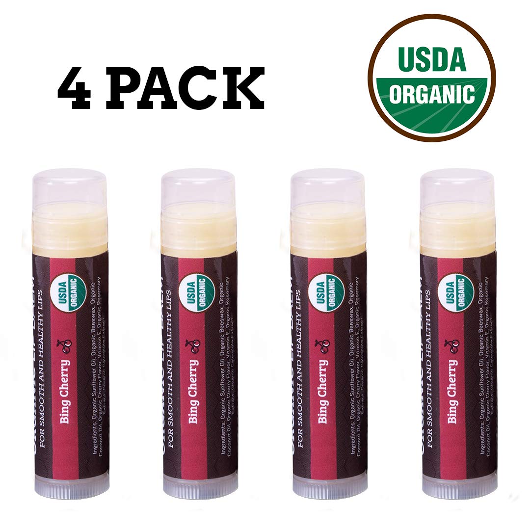 Bálsamo labial orgánico USDA de Earth's Daughter, paquete de 4 – sabor a cereza, cera de abejas, aceite de coco, vitamina E – mejor barra de reparación de labios para labios secos agrietados.
