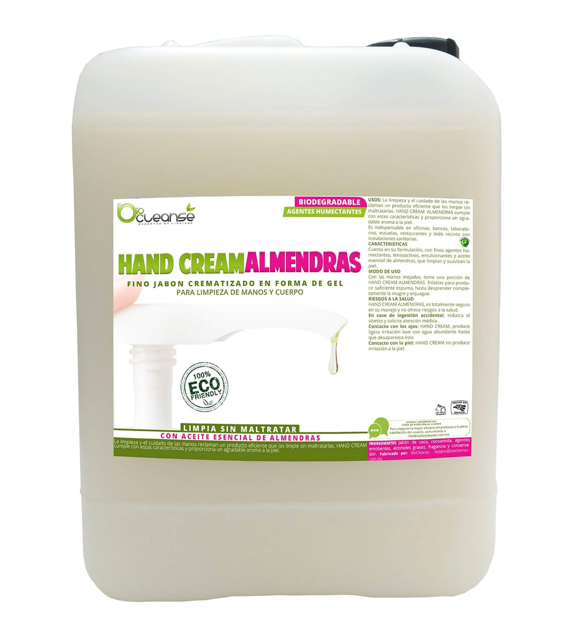 HAND CREAM ALMENDRAS Jabón Líquido de Manos Biodegradable con finos agentes humectantes tensoactivos emulsionantes. 20 Litros