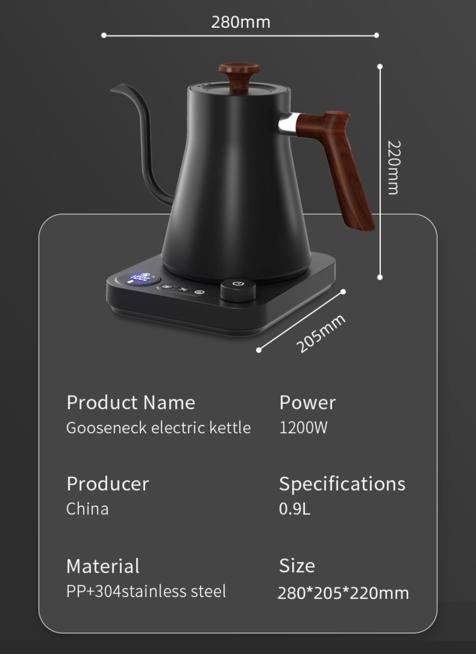 Hervidor Eléctrico con Cuello de Cisne, Control de Temperatura ±1°F, Calentamiento Rápido de 1200 W, Pantalla LCD, Temporizador, Mantener Caliente, Acero (Enchufe estadounidense