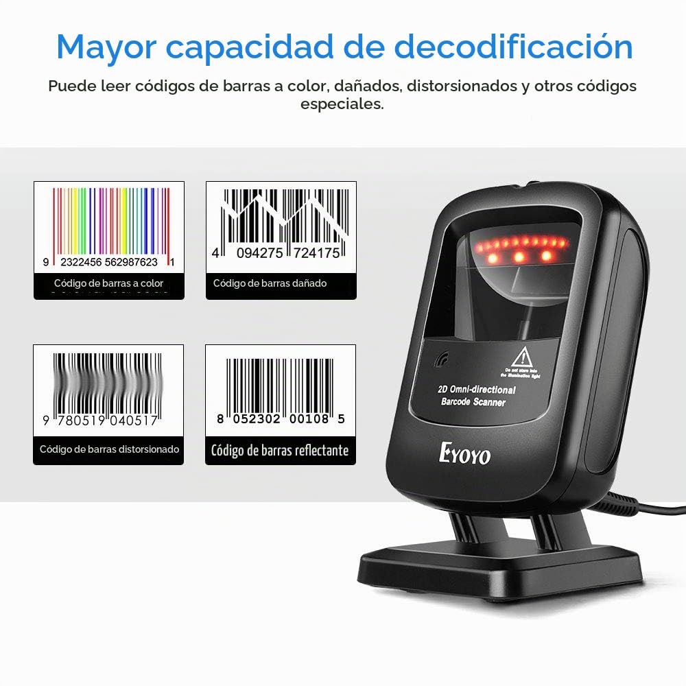 Escáner de Código de Barras Eyoyo Negro Omnidireccional USB Manos Libres