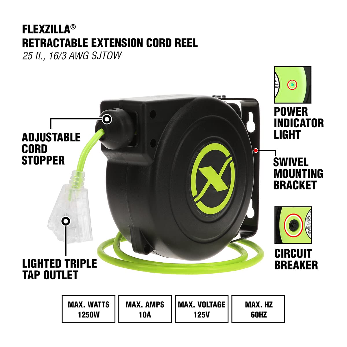 Flexzilla Extensión retráctil 16/3 AWG 25' Carrete de Cable eléctrico, ZillaGreen, FZ8160253
