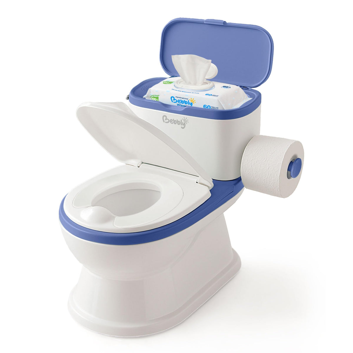 BEBBLY Bañito Entrenador Infantil con Sonido Musical Portarrollo y Almacenamiento Asiento Antiderrapante para Niños y Niñas de 6 Meses a 3 Años Fácil de Limpiar Ideal para Aprender a Ir al Baño (Azul)