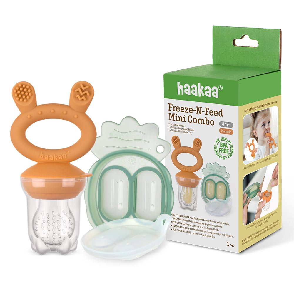 Haakaa Freeze-N-Feed Mini Combo con alimentador de comida de silicona y bandeja de mordiscos mini de silicona | Alimentador autónomo de alimentos sólidos para bebé | Molde de almacenamiento y