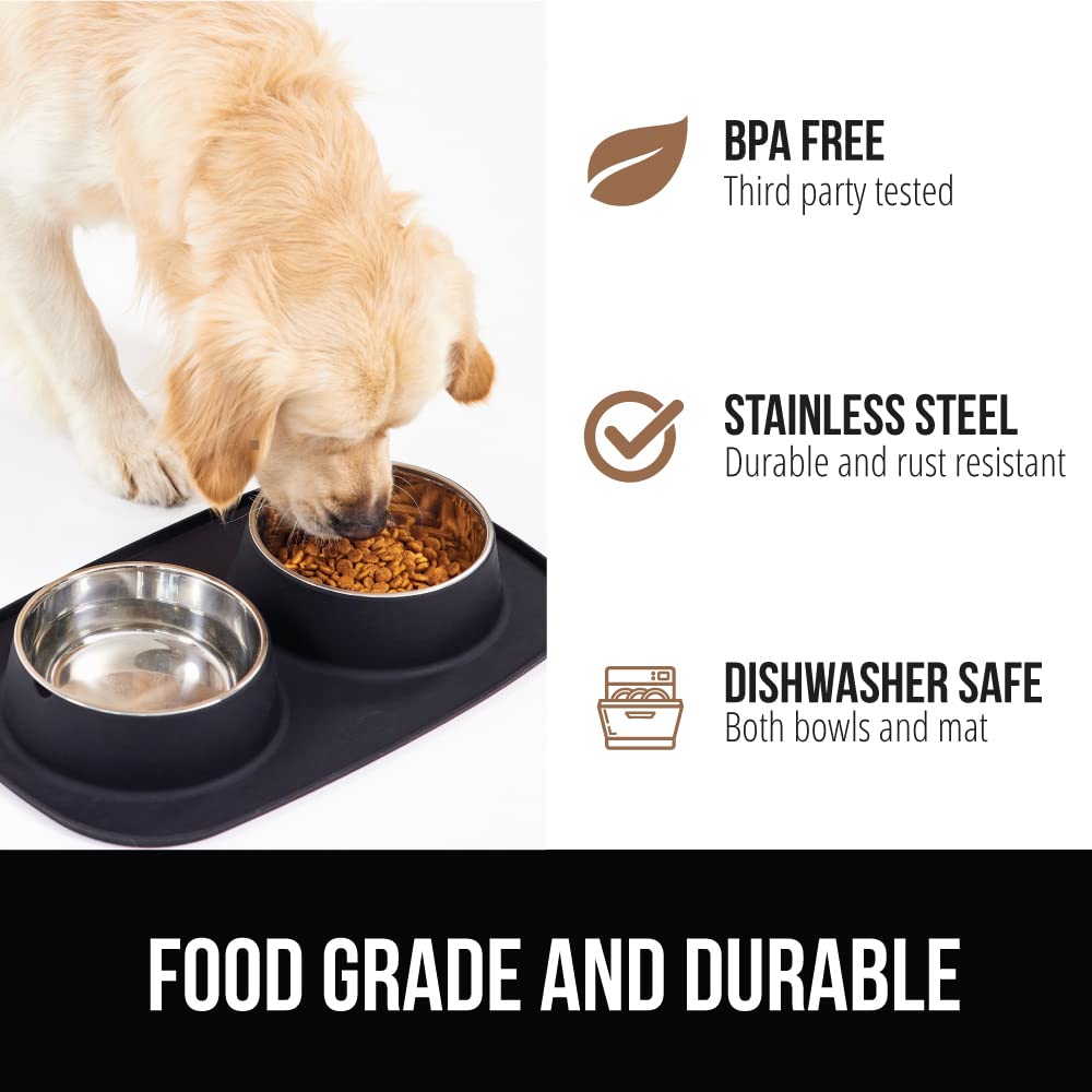 Gorilla Grip Juego de cuencos antideslizantes para mascotas y alfombrilla de alimentación de silicona, atrapa el agua y los alimentos, bordes elevados para evitar derrames, cuenco de acero inoxidable para gatos y perros, diseño pendiente de patente, 1 taz