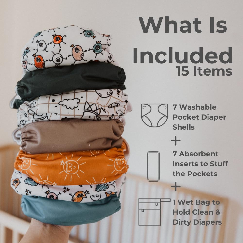 Nora's - Paquete de 7 pañales de tela con 7 inserciones y 1 bolsa húmeda, funda impermeable, lavable, reutilizable y de tamaño único para recién nacidos y niños pequeños, espacio exterior
