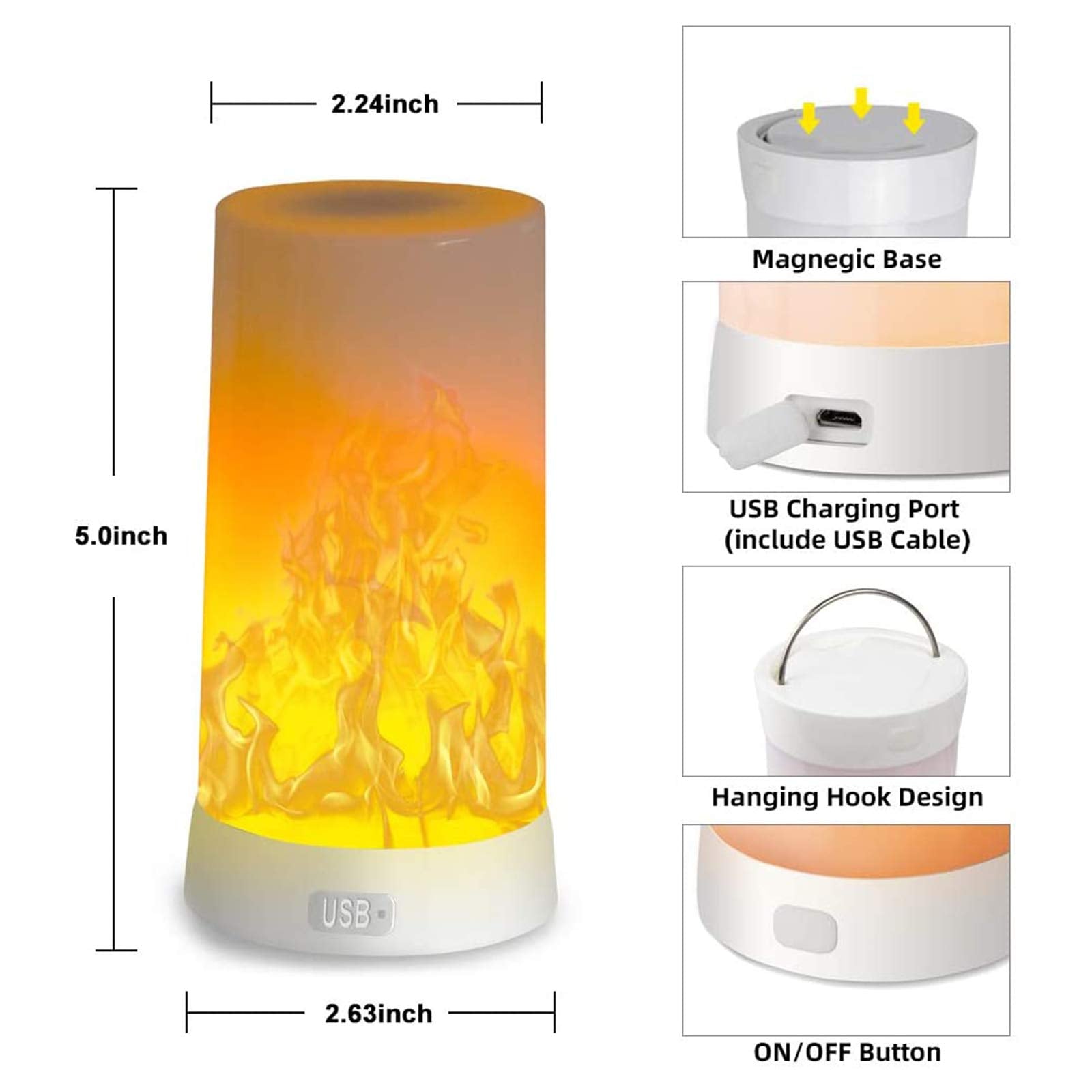 Luz LED con efecto de llama, recargable por USB, lámpara de mesa de llama, impermeable, regulable, 4 modos con efecto de detección de gravedad, control remoto inalámbrico IR y temporizador, para