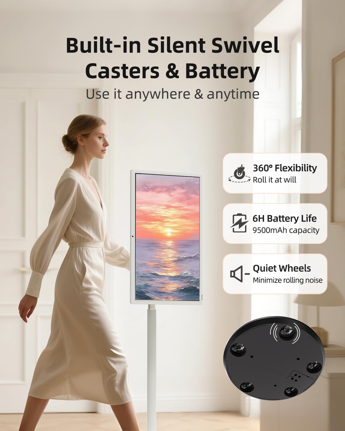 KTC Monitor portátil de TV de 27 pulgadas, monitor de computadora para juegos de visualización táctil 1080P, 60Hz, cámara Bulitin, compatible con Google TV, contraste 4000:1, batería de 9500 mAh