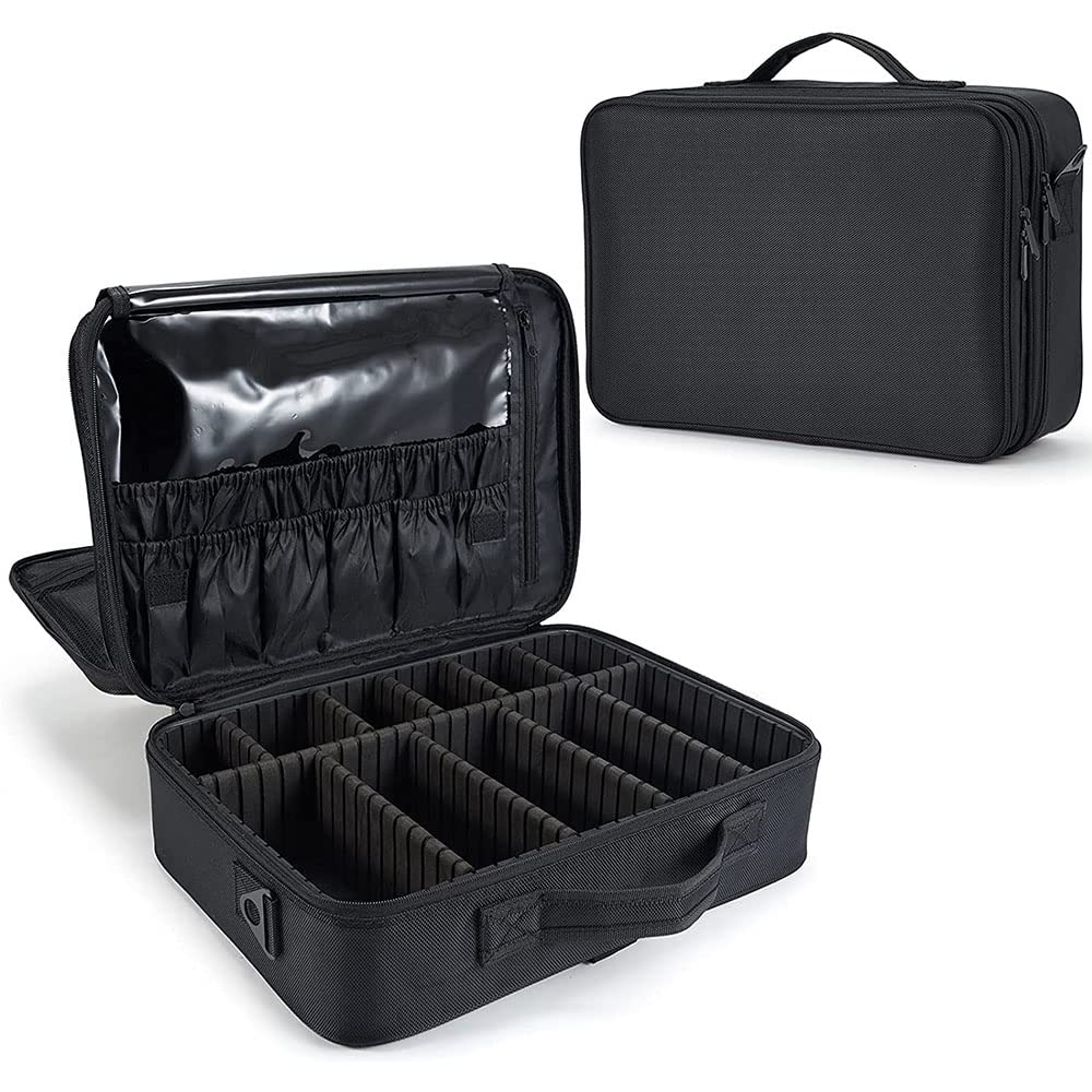 Bolsa de Maquillajede Viaje Estuche Organizador - Bolsa de Cosméticos Impermeable Portátil con Hombro Ajustable y Divisor Ajustable para Pinceles y Herramientas de Belleza (3 Layer, 34x23x12cm,Negro)