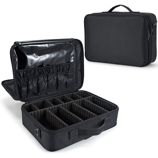 Bolsa de Maquillajede Viaje Estuche Organizador - Bolsa de Cosméticos Impermeable Portátil con Hombro Ajustable y Divisor Ajustable para Pinceles y Herramientas de Belleza (3 Layer, 34x23x12cm,Negro)
