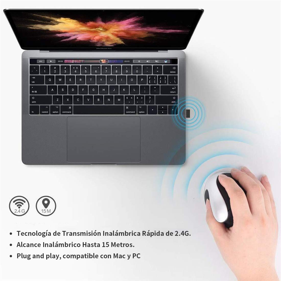 Ratón Inalámbrico TECHVIDA Negro Ergonómico Recargable 2.4 GHz para Mac y Windows