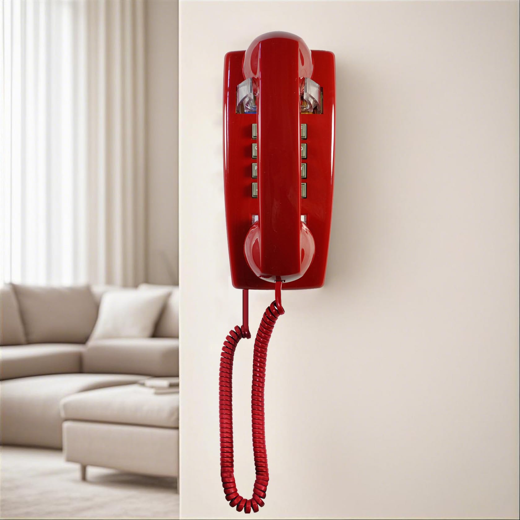 Teléfono de pared rojo, teléfono fijo montado en la pared, teléfono de pared clásico chapado en pared de plástico para hogar, oficina, hotel, cabina de teléfono, teléfono analógico antiguo ajustable