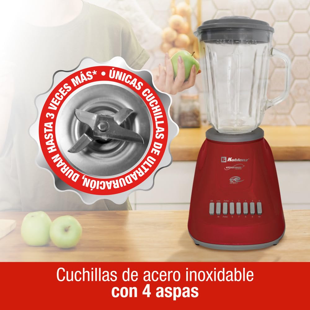 Licuadora Koblenz Gourmet con Vaso de Vidrio de 1.5 L, 10 Velocidades y Función de Pulso de 2 Niveles, 4 Cuchillas de Ultra-duración, Tritura Hielo, Malteadas, Purés, 500 W, Color Rojo (LKM-5970 VR)