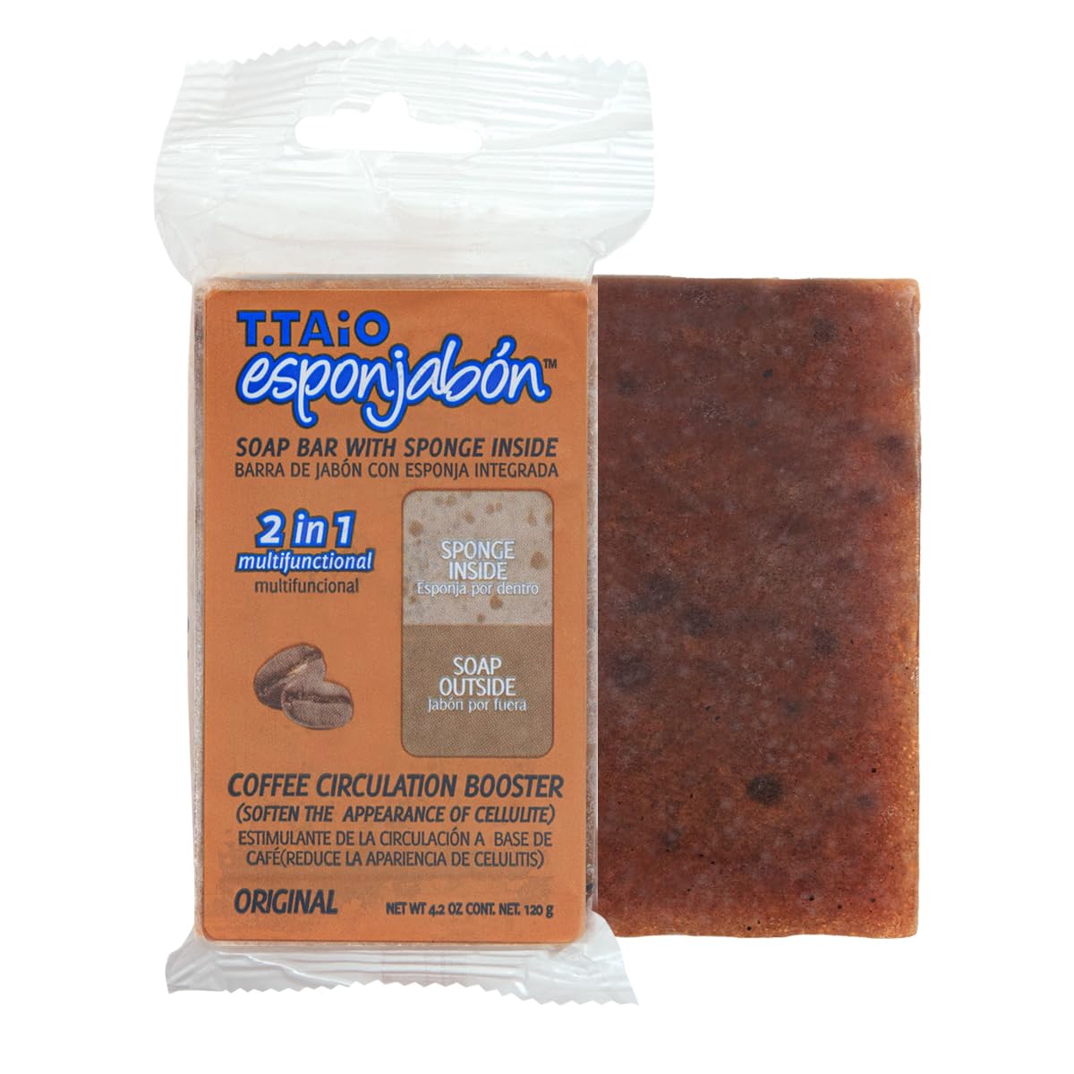 Jabón Corporal con Esponja Integrada 2 en 1, Exfoliación Suave, Aroma Café, Pack 6 Piezas, ESPONJABON T.TAIO