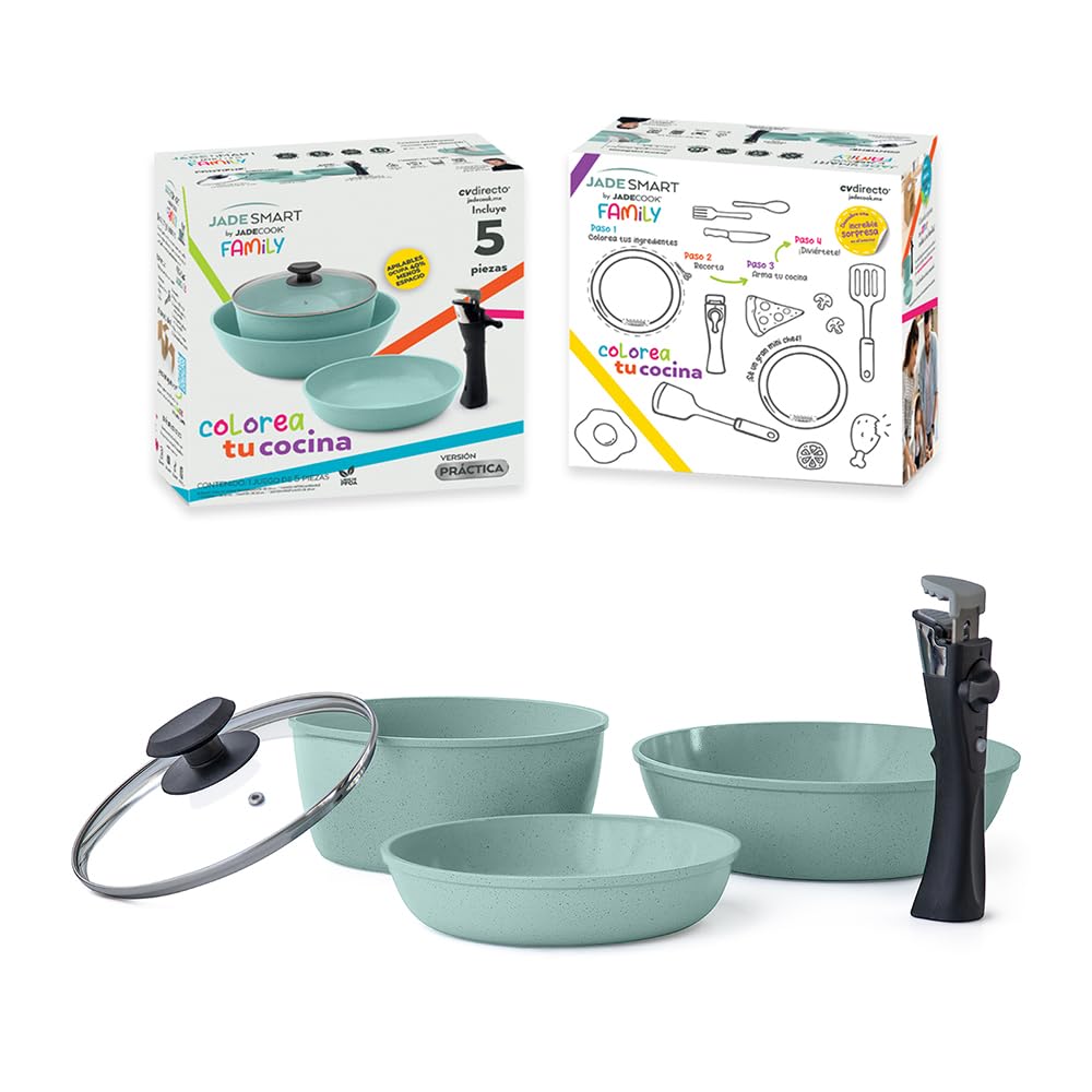 JADECOOK Bateria Jade Smart by Jade Cook® | Batería de cocina antiadherente 4 piezas + mango intercambiable, con 6 capas de recubrimiento antiadherente 100% libre de tóxicos