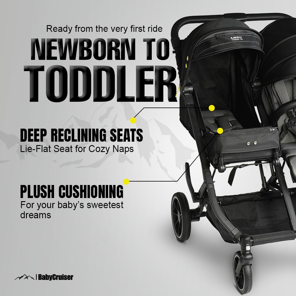 BabyCruiser - carriola doble para recién nacidos y niños pequeños, ruedas giratorias, plegado con una mano, tamaño compacto, ligero y doble carriola desde el nacimiento hasta 40 libras por asiento