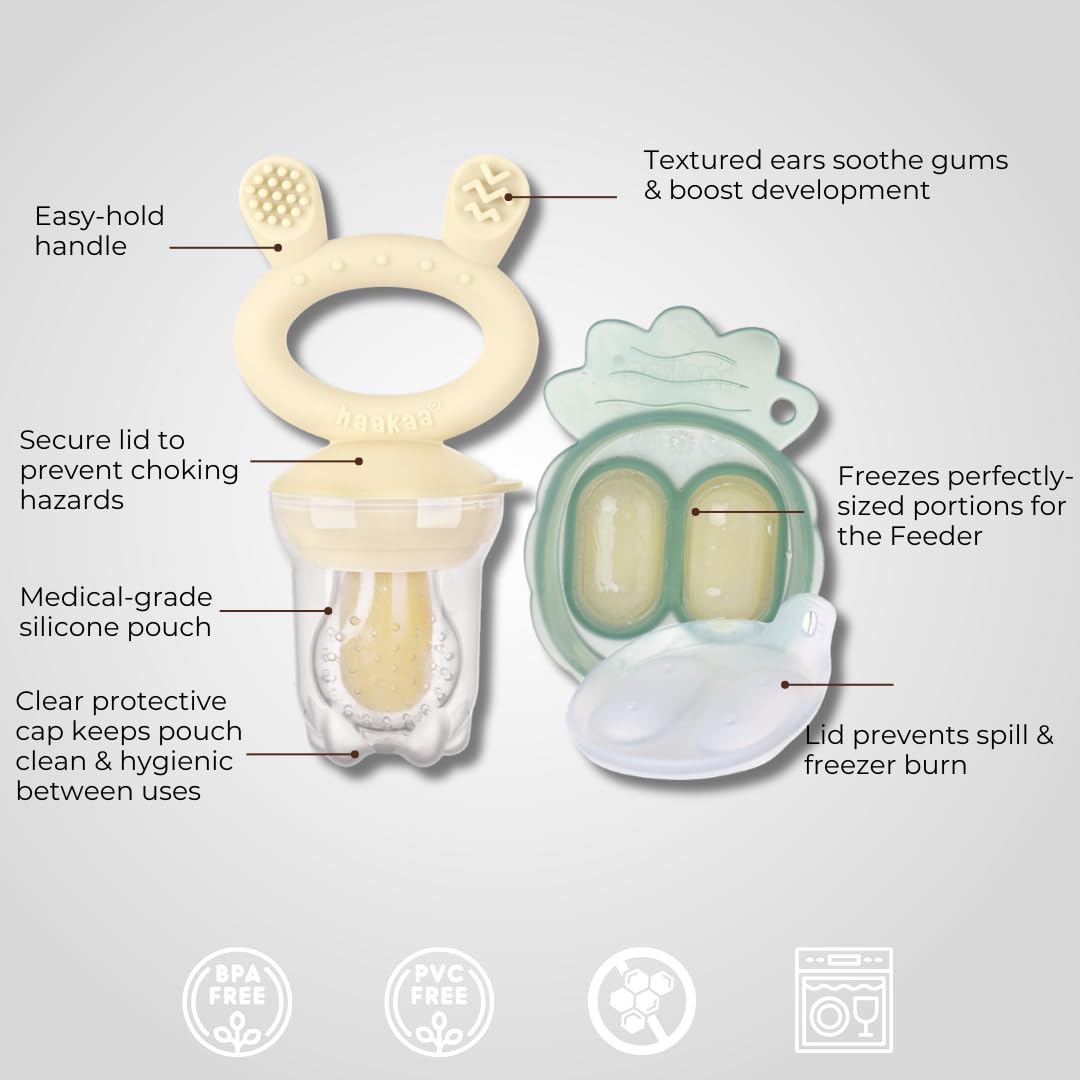 Haakaa Freeze-N-Feed Mini Combo con alimentador de comida de silicona y bandeja de mordisqueo mini de silicona | Alimentador de alimentos sólidos para bebés | Molde de almacenamiento y alimentador de