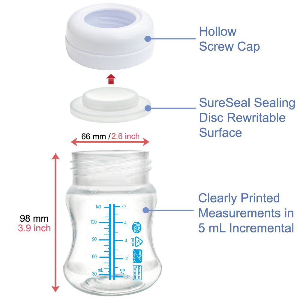 Botella de Almacenamiento de Leche de Boca Ancha Maymom Transparente con Disco de Sellado SureSeal, Compatible con Botellas Spectra S1 S2, 140 mL, 6 Piezas