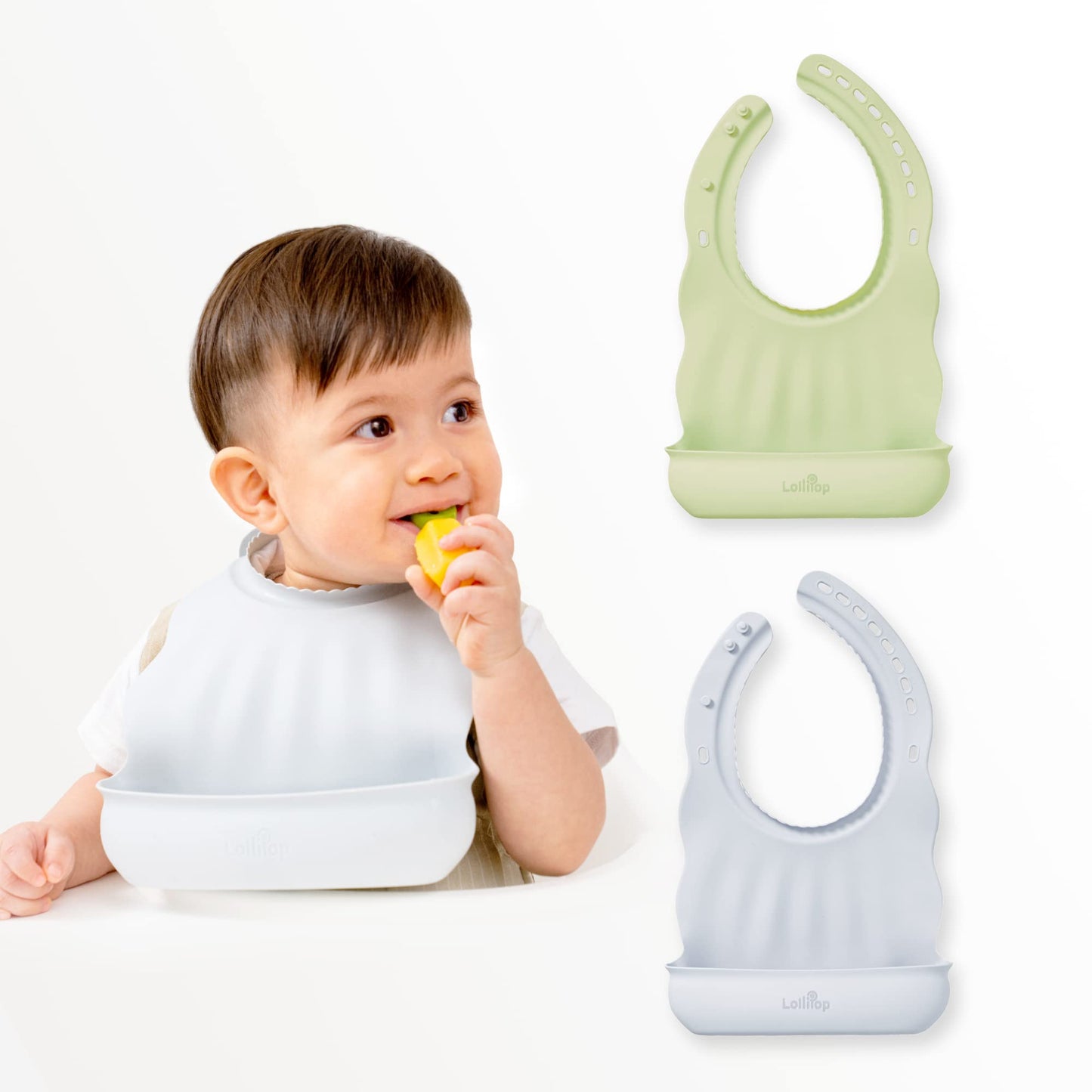Lollipop - Juego de 2 baberos de silicona para bebé, sin BPA, agradables al tacto, suaves, cómodos, ajustables de silicona para bebés y niños pequeños, no desordenados, duraderos, fáciles de limpiar (verde arándano/manzana)