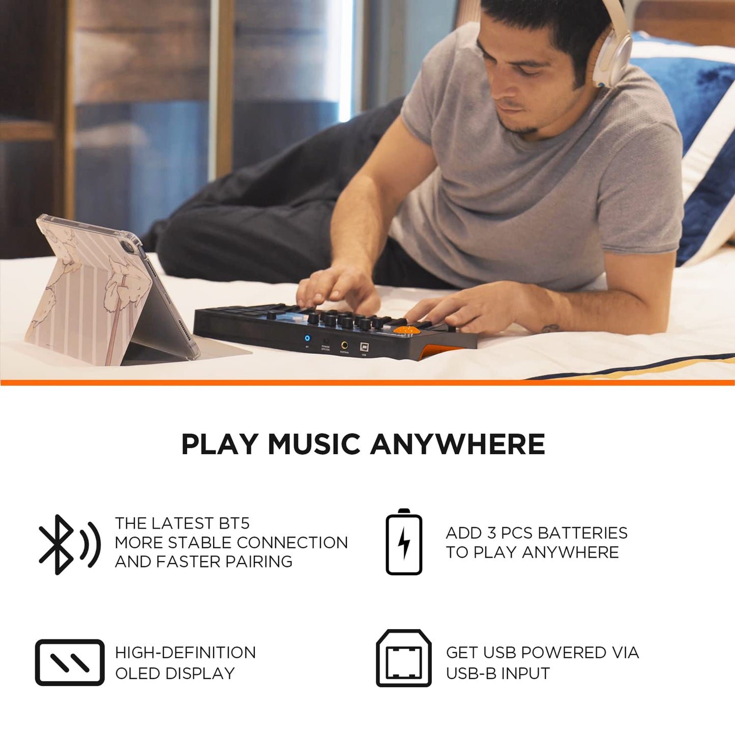 HXW - driver de teclado portátil Bluetooth MIDI, con 25 teclas, 9 almohadillas para orejas retroiluminadas, visualización OLED, 8 perillas, software incluido, alimentación por USB/operación de batería