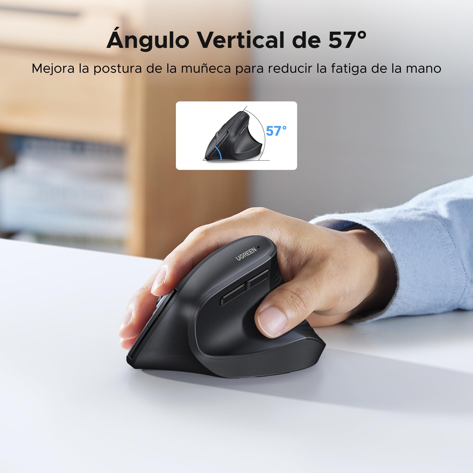 Ratón Vertical Ergonómico UGREEN Negro con Conectividad 2.4Ghz y 6 Botones Silenciosos
