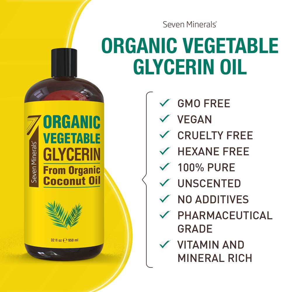 Seven Minerals- Glicerina vegetal orgánica - Botella grande de 32 fl oz - Sin aceite de palma, elaborada con aceite de coco orgánico - Th