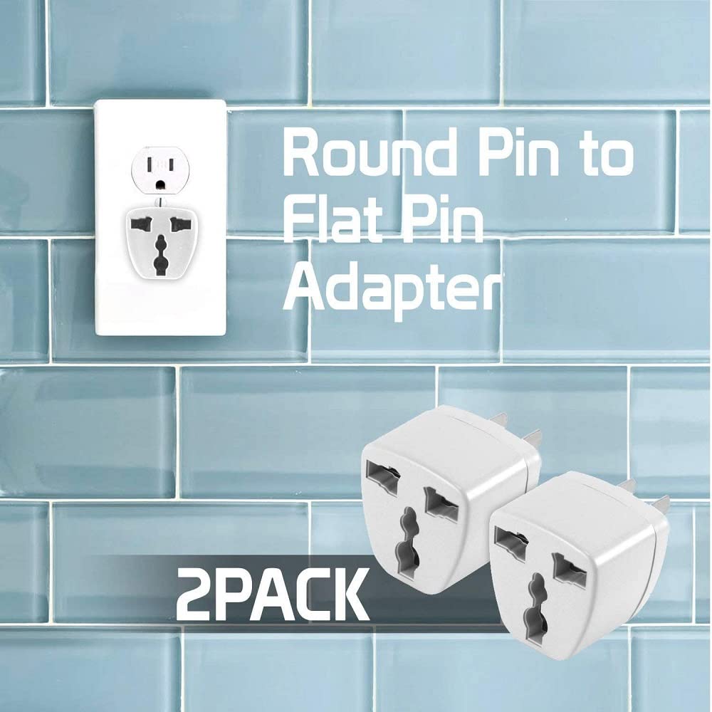 CELLCOM Convertidor de pin plano a pin redondo, Estados Unidos, Canadá, México, Japón, enchufe de viaje, enchufe tipo B. Pin redondo (UE/UK/Corea/China/AU) a pin plano (2 piezas)