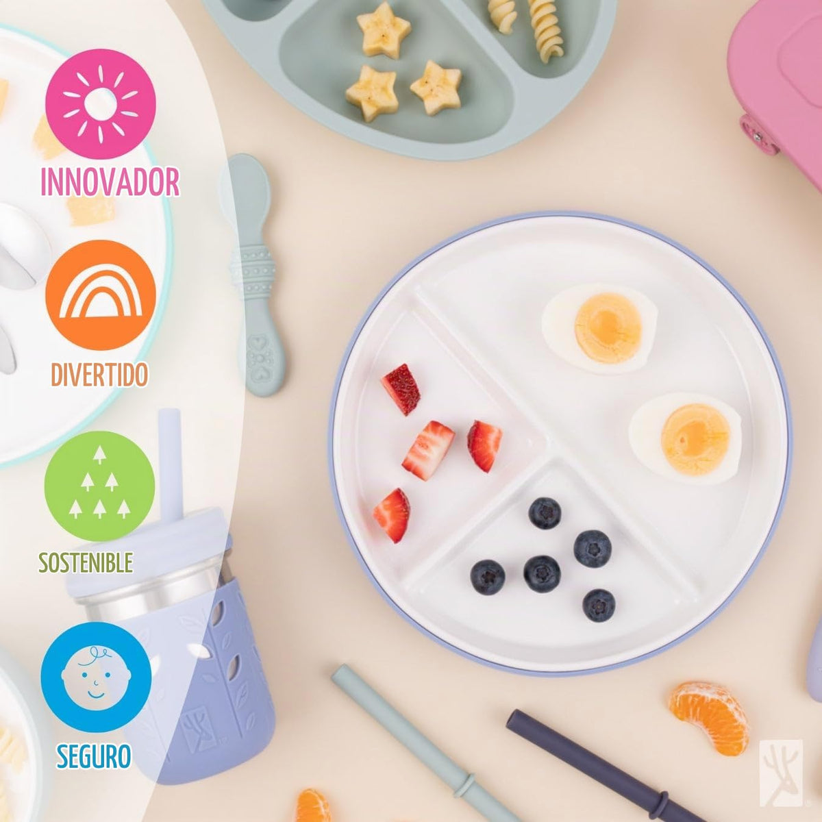 Elk and Friends - Platos blancos divididos de porcelana de 20 cm, con fundas de silicona, para bebés y niños, aptos para microondas y lavavajillas, antideslizantes, para aperitivos