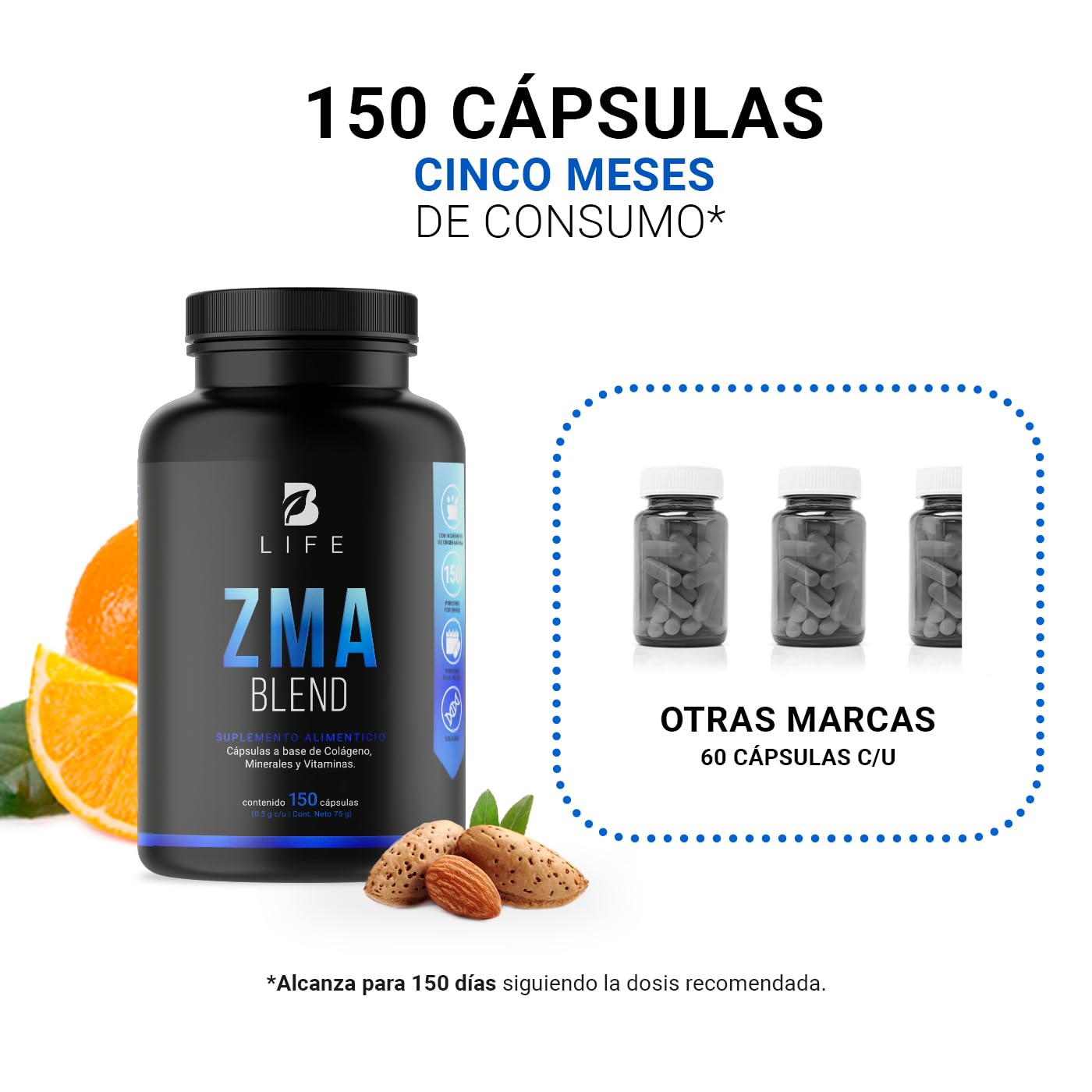 Cápsulas Mezcla ZMA B Life con Zinc, Magnesio y Vitamina C en Ingredientes Naturales