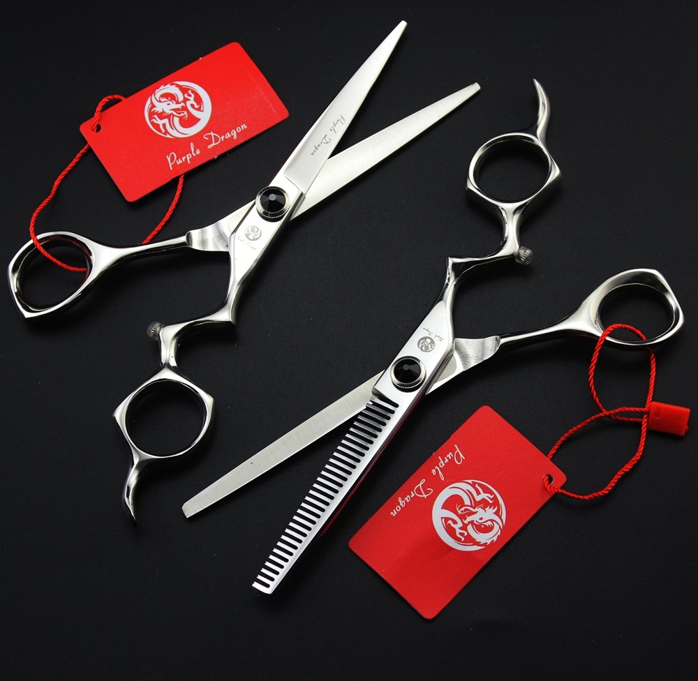 Purple Dragon Tijeras de Corte de Cabello 6.0 Pulgadas Acero Inoxidable Japonés 440C Filo Afilado Color Plata con Bolsa - Perfectas para Barbero, Salón y Peluquero