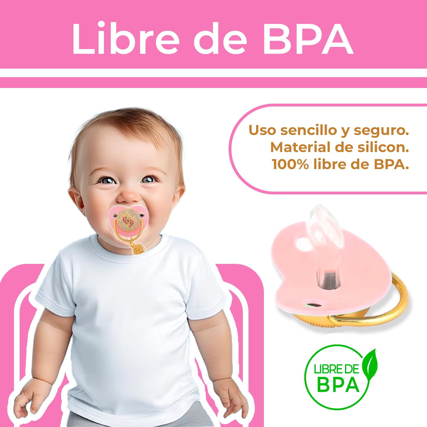 Chupón Sweet Baby Rosa Oro Diamantes Diseño VIP con Sujetador Mordedera Ergonómica Sin BPA para Bebé 0 a 18 Meses